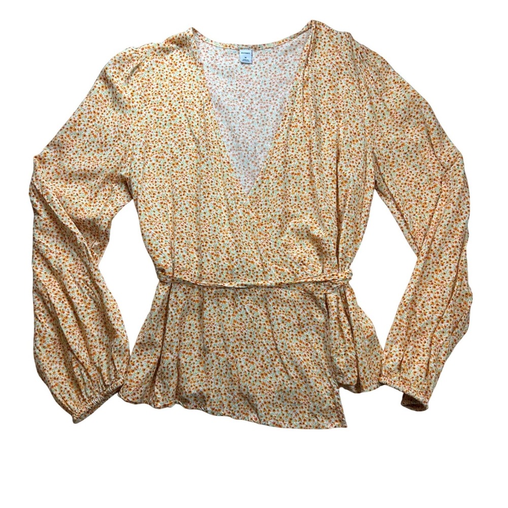 Old Navy Womens Floral‎ Wrap Top Orange Yellow Long Balloon Sleeve V-Neck Size M